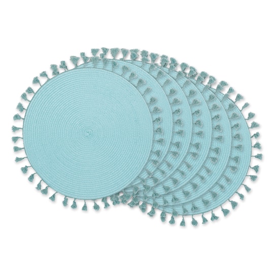 DII® Tassel Fringe Woven Round Placemats, 6ct. in Aqua Blue | 15" | Michaels®